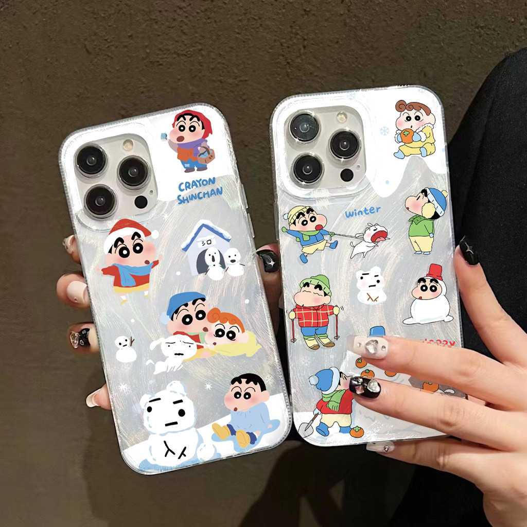 ชินจังจอมแก่น สําหรับrealme C55 C53 C67 C65 C61 C35 C31 C3 C25 C21 C30 C25 C20 C17 C15 C12 C11 Realme 10 8i 5 6 Silver Featherหรูหราโฮโลแกรมเลเซอร์เชลล์อินเทรนด์ยี่ห้อซิลิโคนกรณี