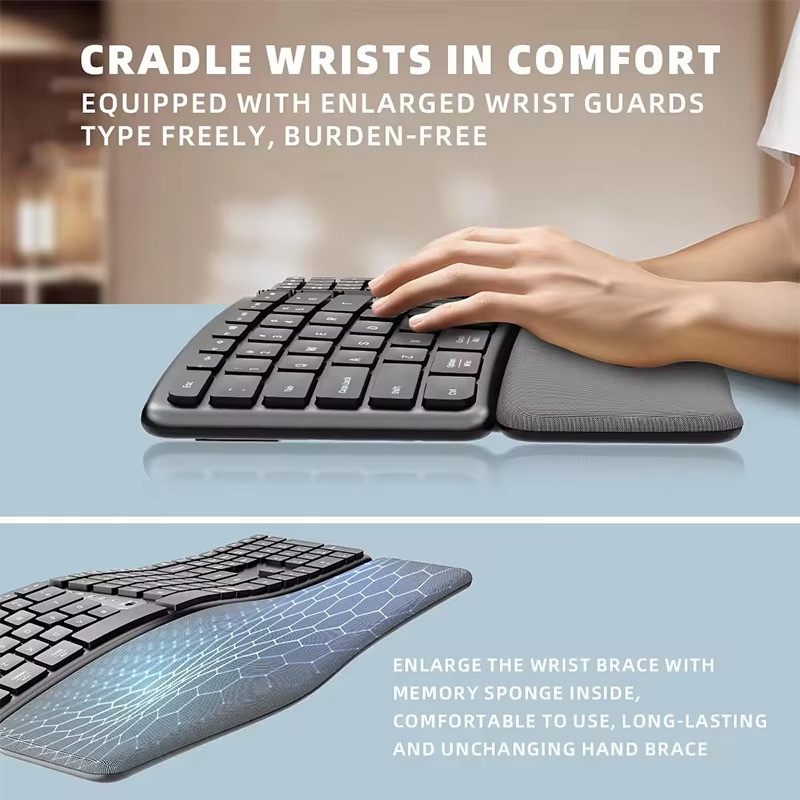 Ergonomic ไร้สายเงียบแยกคีย์บอร์ดเมาส์ Combo พร้อมที่วางข้อมือ BT Dual Mode คีย์บอร์ดชาร์จไร้สายสําหรับ Win7/8/10
