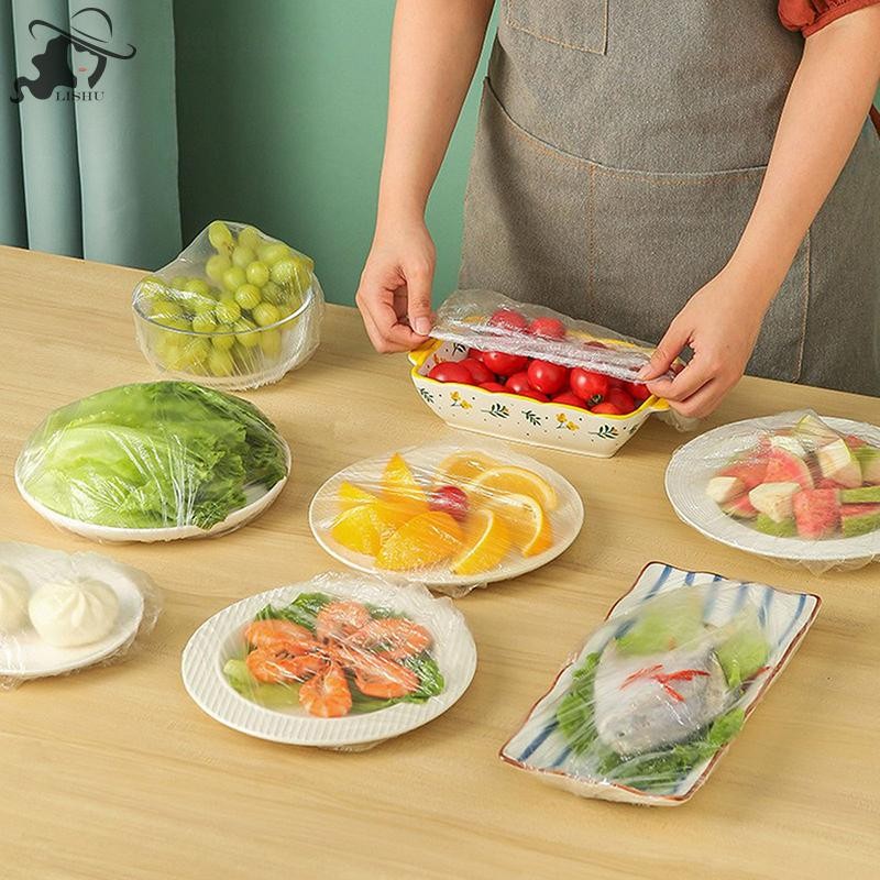 Lishu 100PCS ฝาครอบอาหารทิ้งพลาสติกสดเก็บกระเป๋าเกรดอาหารผักผลไม้ฝาครอบชามยืดหยุ่นฝาครอบห้องครัว th