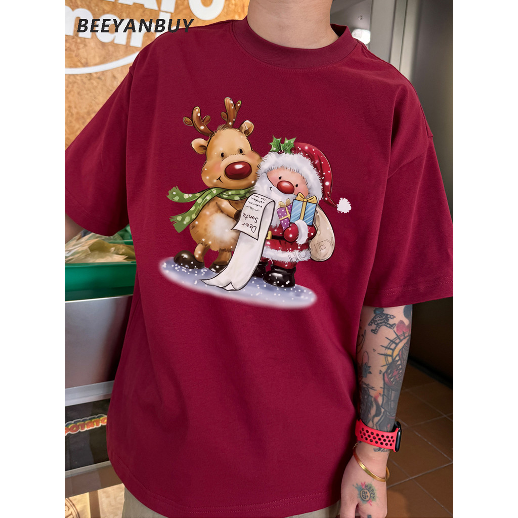 Beeyanbuy เสื้อยืด Oversize, การ์ตูนน่ารักซานตาคลอสพิมพ์เสื้อยืดแขนสั้น #I001127
