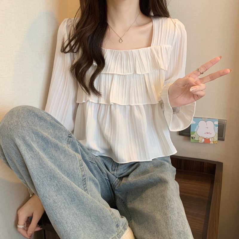 LINNAปลอกคอสแควร์ ประกบ สีทึบ แขนยาว เสื้อเชิ้ต