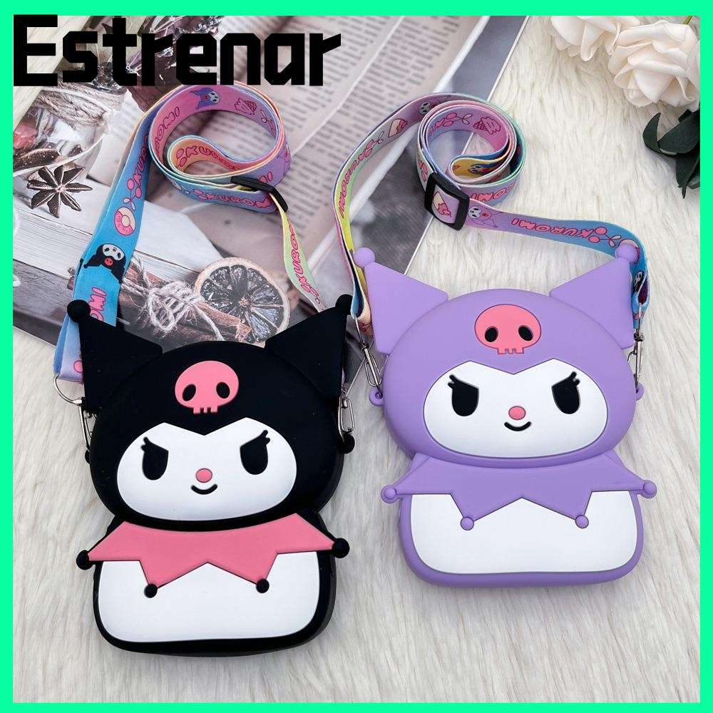 กระเป๋า ESTRENAR Kawaii, Kuromi กระเป๋าสะพายซิลิคอนอเนกประสงค์, ลายการ์ตูนถือเหรียญการ์ดหูฟัง Y2K กระเป๋าใส่เหรียญ