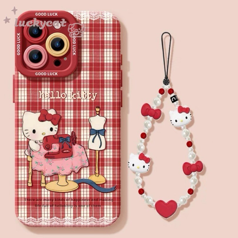 Iphone 16 15 14 13 12 11 Pro Max X Xr Xs Max 7 8 Plus SE2020 เคสโทรศัพท์การ์ตูนน่ารักออกแบบเสื้อผ้าโบว์สีชมพู KT Cat + Lanyard ฝาหลังนุ่ม