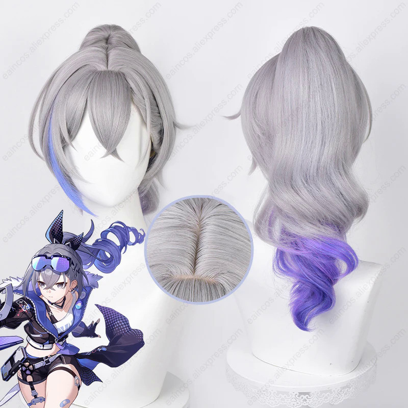 HSR Silver Wolf Cosplay Wig 50cm/88cm Long Silver Gray Purple Mixed Color Wigs Heat Resistant Synthe