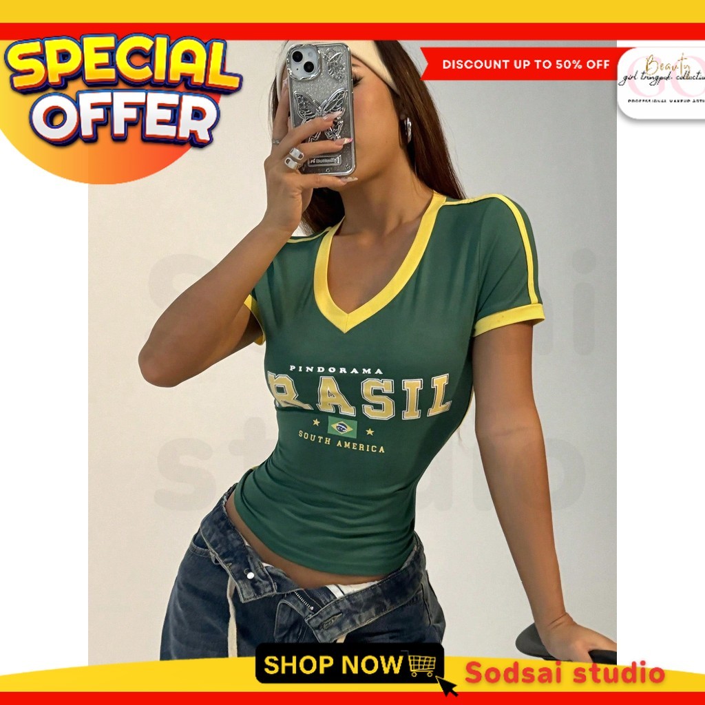 มาใหม่ 3 สี*****สุดปังเสื้อยืดแขนสั้น ผ้านุ่มผู้หญิง แบบ Casual สีทำขอบ V-Neck ทรงบราซิล