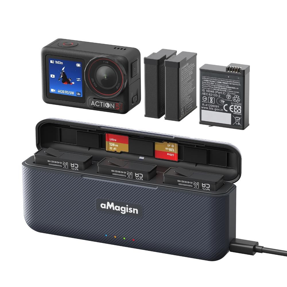 Fast Charging Hub สําหรับ DJI Osmo Action 5 Pro, Quick แบบพกพา 3 ช่องแบตเตอรี่ชาร์จสถานีใช้งานร่วมกับ DJI Osmo Action 5 Pro Charger กีฬากล้องอุปกรณ์เสริม