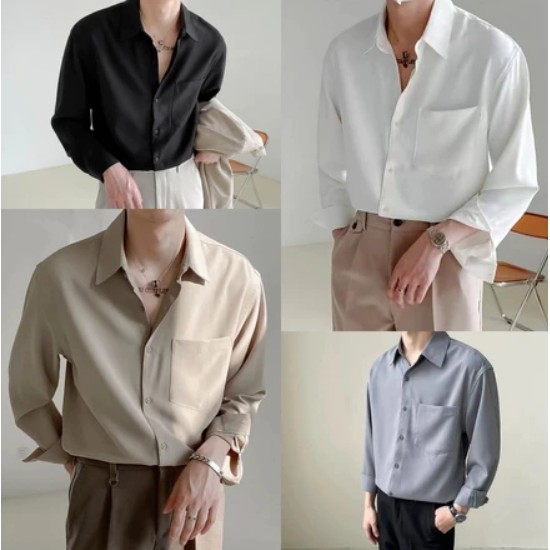 เสื้อเชิ้ตแขนยาวสีพื้น คอปก เสื้อเชิ้ตใส่ทำงานชาย สไตล์ลำลอง กระดุมแถว แฟชั่นเกาหลี ไซส์ M L XL XXL