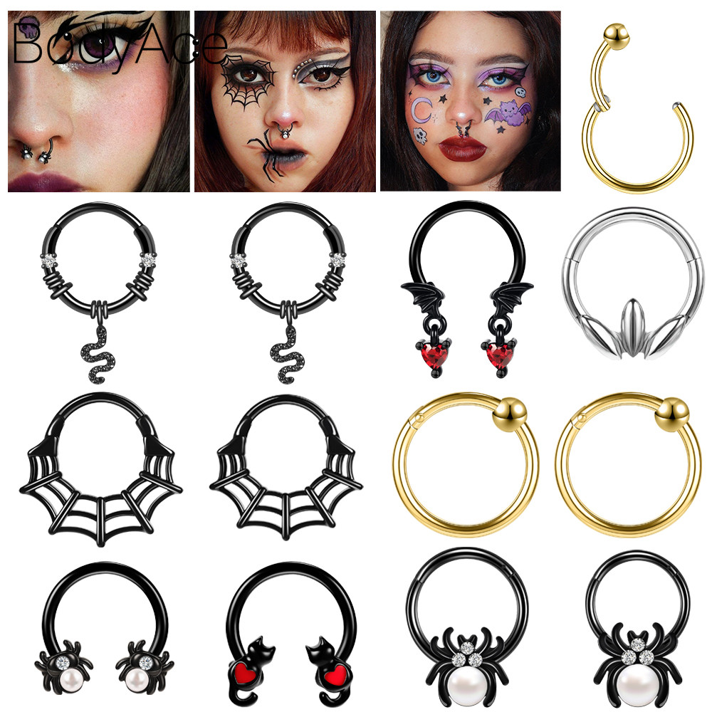 Bodyace 1 Pc สแตนเลสสตีลจมูก Clicker 16G เจาะจมูกแมว Nostrail เจาะสีดํา Septum แหวน Spider Septum เจ