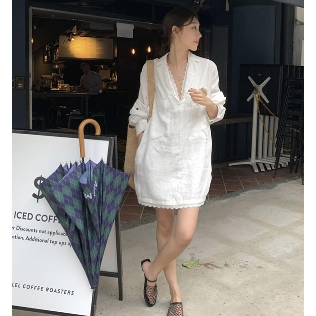 mimi&didi#เสื้อเชิ้ตยาวปานกลางคอวีขนาดใหญ่ประดับด้วยลูกไม้ แขนยาว สีชมพู แฟชั่น เสื้อเชิ้ตที่หรูหราและเป็นผู้หญิง#W520