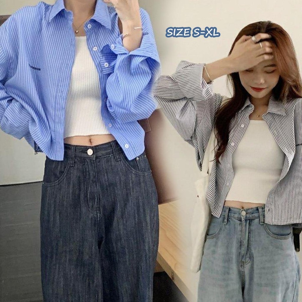 mimi&didi#เสื้อเชิ้ตลายทางแขนยาวปักลายหลวมๆสีดำ เรียบหรู สไตล์สั้น เสื้อปกลำลอง สำหรับผู้หญิง#W521