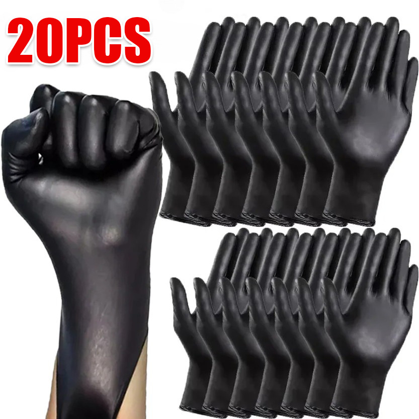 20 ชิ้น Latex Protect ถุงมือสีดํา / ถุงมือไนไตรล์กันลื่นแบบใช้แล้วทิ้ง / ถุงมือซ่อมรถยนต์ทําอาหาร