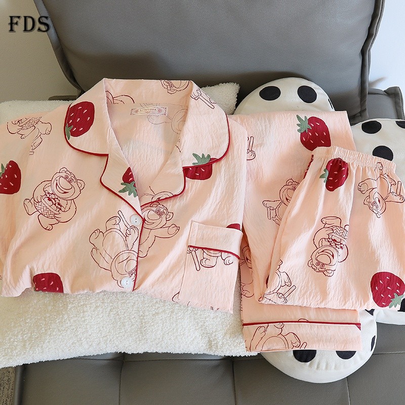 FDS ฤดูใบไม้ผลิและฤดูใบไม้ร่วงกางเกงขายาวชุดนอนผู้หญิงผ้าฝ้ายลายเมฆย่นหวาน ins ชุดใส่ในบ้านสไตล์ญี่ปุ่นสดใส