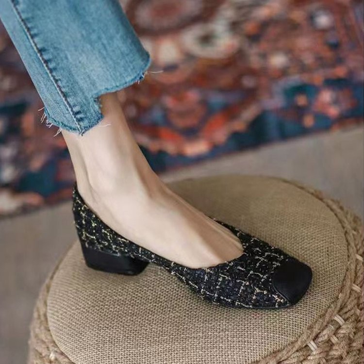 Xiaoxiang Style Womens Single Shoes Womens Shallow Mouth Low-Heel Grandma Shoes Slip-On Work
