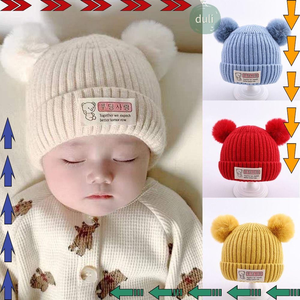 DUILIAN หมวกฤดูหนาว,สีทึบ0-3ปีหมวกถักเด็ก,ตุ๊กตาบอลหมวกไหมพรมนุ่มชายหญิง