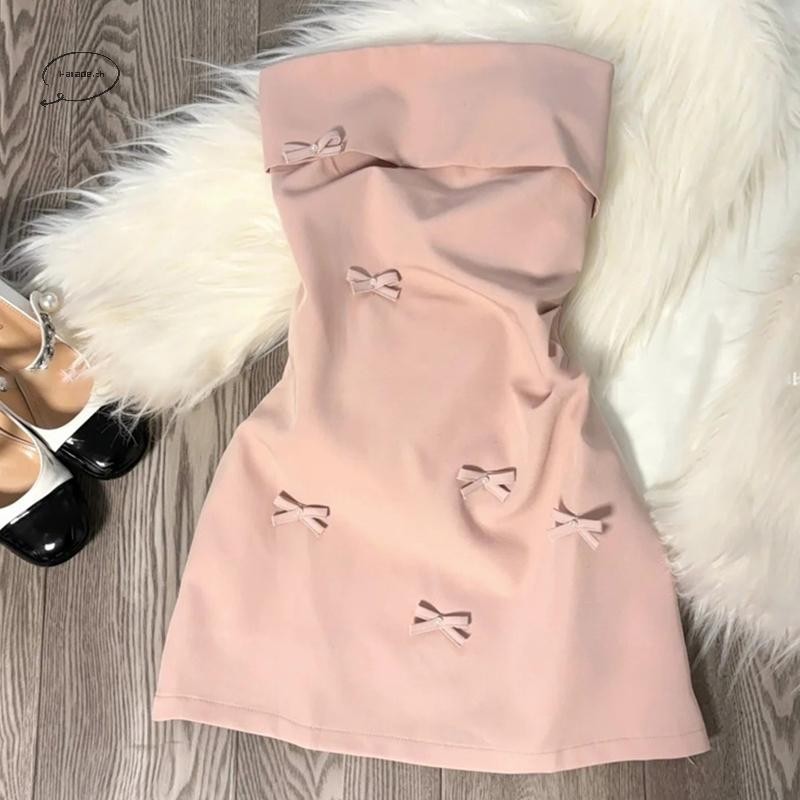 Parade สีชมพู 3D Bow Strapless ชุดผู้หญิงฤดูร้อนเซ็กซี่ Chic Birthday Party เดรสสั้น TH
