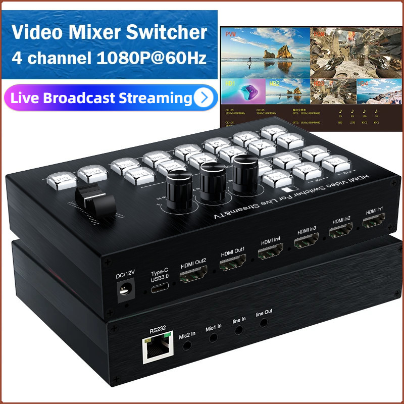 4 ช่อง HDMI Video Switcher ถ่ายทอดสดสตรีมมิ่ง 1080P Video Mixer Station สตรีมมิ่งสด PGM สวิทช์ไม่มีรอยต่อ 6 ภาพ PVW