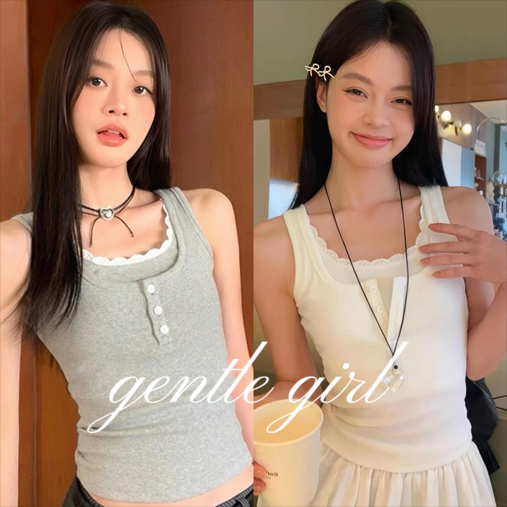 #GG🎀จัดส่งที่รวดเร็ว🎀ความปรารถนาอันบริสุทธิ์สไตล์ลูกไม้ประกบปุ่มเสื้อชั้นในสตรีฤดูร้อนใหม่ปลอมสองชิ้นเสื้อสาวร้อนบาง