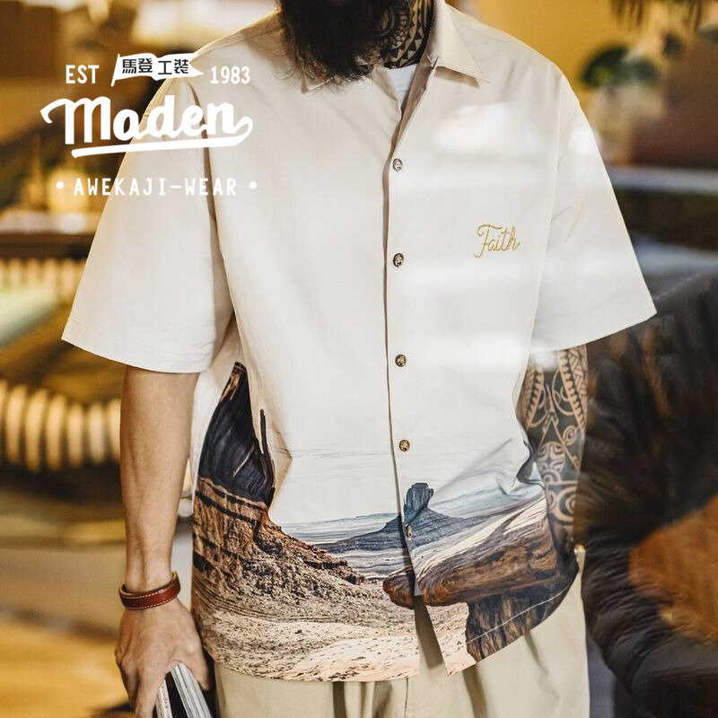 Maden ยี่ห้อ workwear สไตล์ชายหาดวันหยุดผู้ชายเยาวชน 2025 ฤดูร้อนใหม่อเมริกันย้อนยุค monument valley คิวบาเสื้อคอปกแขนสั้นพิมพ์เสื้อวินเทจ