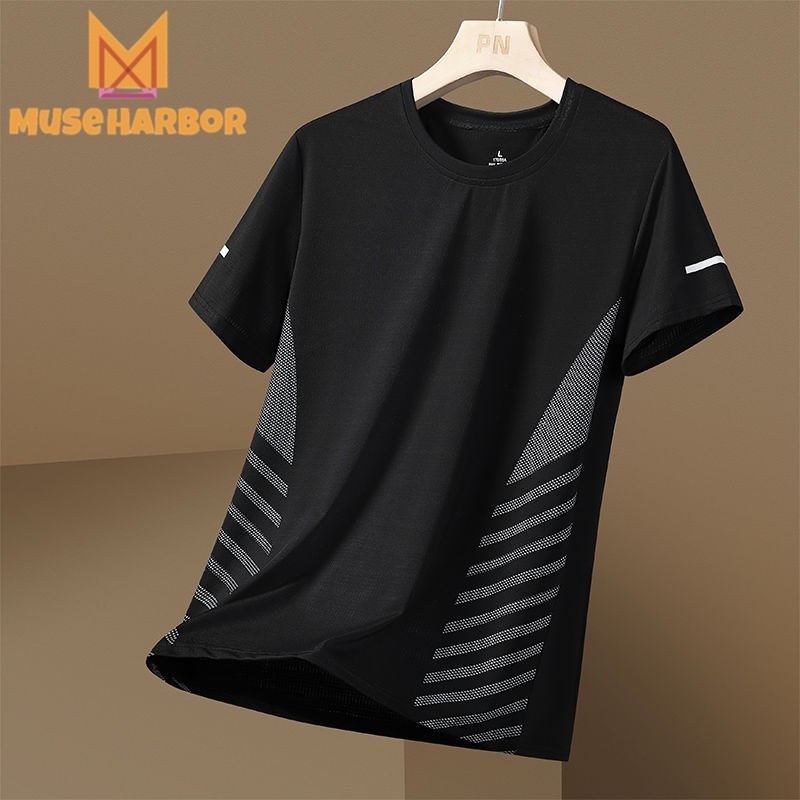 Muse Harbor เสื้อยืดแขนสั้นผู้ชายผ้าไหมน้ําแข็งแห้งเร็วกีฬาระบายอากาศบางด้านบน
