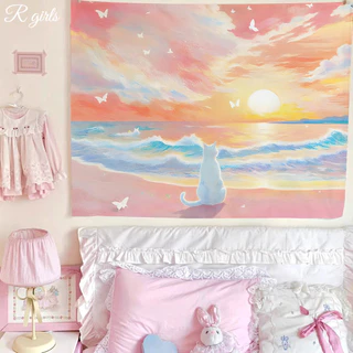 จัดส่งจากไทย Agirl Ins ผ้าแขวนน่ารักแมวชายหาดสีชมพู หัวใจสาว ทิวทัศน์ริมทะเล ตกแต่งห้องพัก ผ้าพื้นหลัง