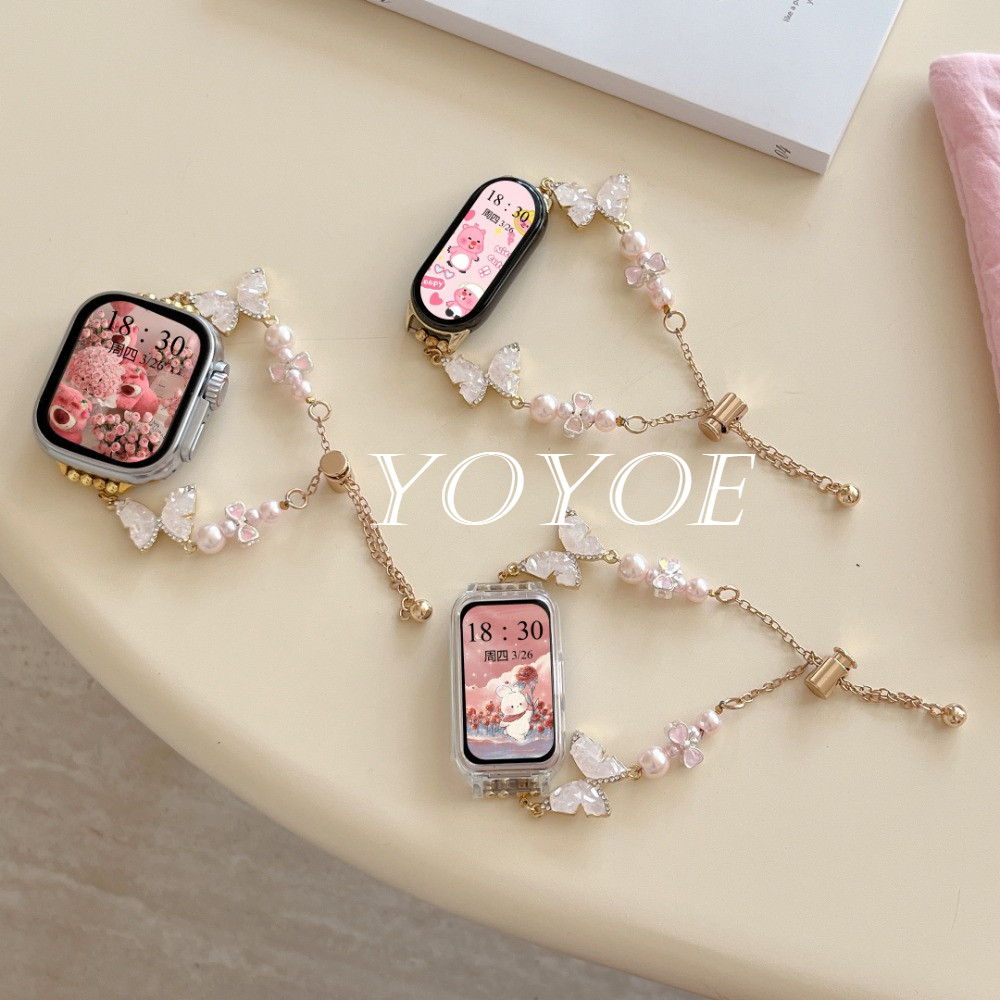ผีเสื้อ Pearl เครื่องประดับสําหรับ Xiaomi Band 10 8 9 Active 7 Pro สายรัดสําหรับ Miband 6 5 4 3 สายนาฬิกา