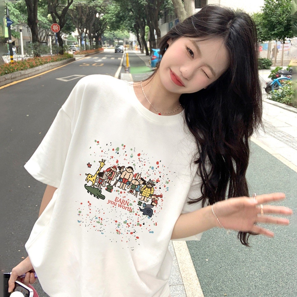 YOU-T🌼 ชุดสาวอวบ ผ้าฝ้าย100% เสื้อยืดคอกลม ลายพิมพ์ "EARN YOU WORTH" สไตล์เกาหลี สวมใส่สบาย  แฟชั่น 