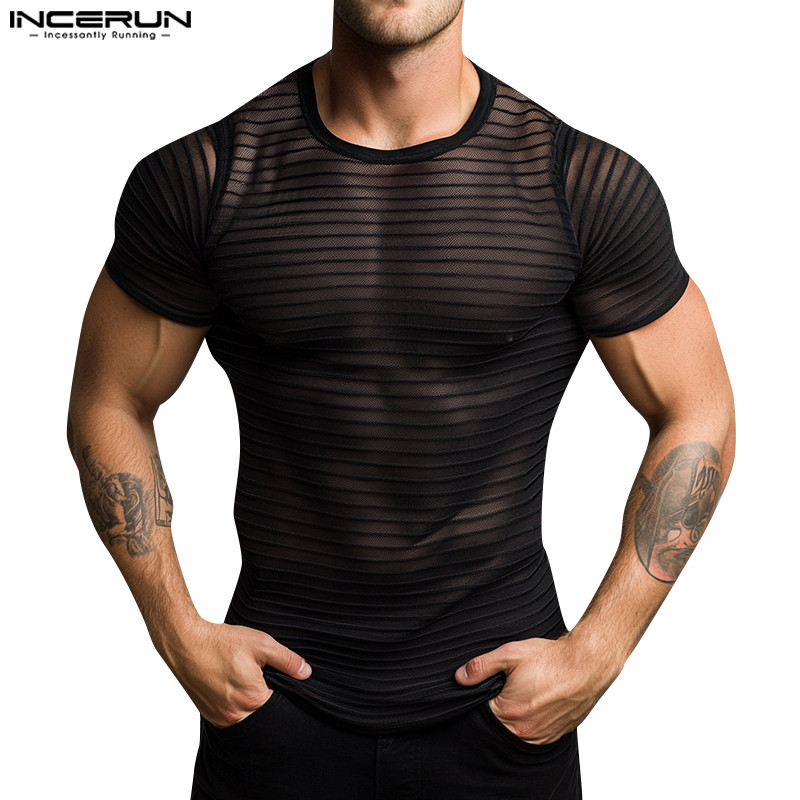 Incerun เสื้อยืดแขนสั้นลายทางแฟชั่นบุรุษ