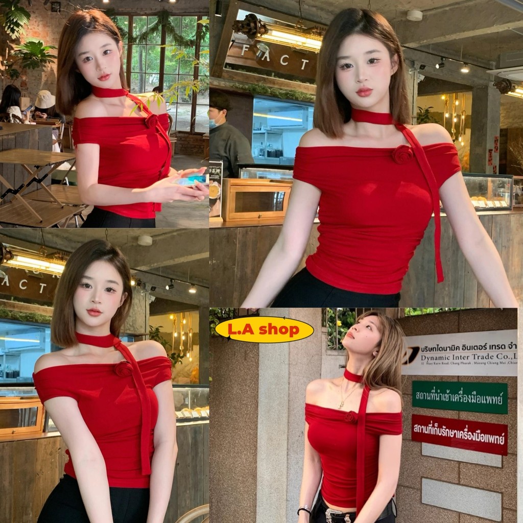 L.A Shop★สไตล์ใหม่★ เสื้อแขนสั้น เปิดไหล่ สีสดแดงใสแดง น่ารักๆ ยืดตามตัวผ้านิ่ม "FY2830"