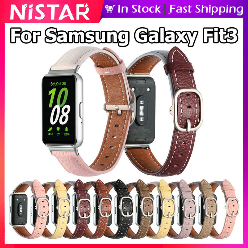 Nistar หรูหราลายลิ้นจี่สายรัดข้อมือหนังแท้สําหรับ Samsung galaxy fit 3,ใหม่สองสีหนังสร้อยข้อมือหัวเข