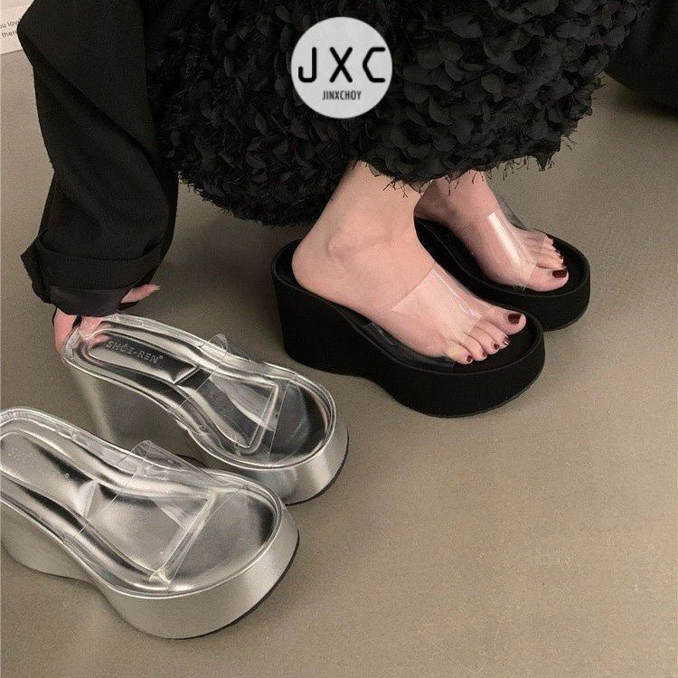 แฟชั ่ นเกาหลี Ulzzang รอบ Toe Super รองเท ้ าส ้ นสูงโปร ่ งใสเปิดนิ ้ วเท ้ ารองเท ้ าแตะ PU สีทึบแฟชั ่ นสุภาพสตรีความสูงฤดูร ้ อน All-Match วันหยุดพักผ ่ อน Sli