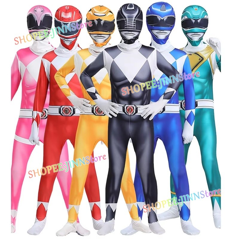 -JINN-MIGHTY MORPHIN POWER RANGERS คอสเพลย์เครื่องแต่งกายปาร์ตี้ชุดแฟนซี Superhero POWER RANGERS คอสเพลย์ Jumpsuit
