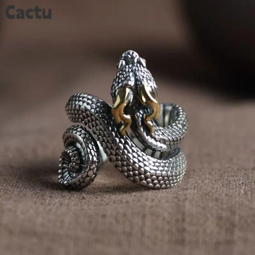 CACTU แหวนงู,ปรับเปิดโลหะสัตว์แหวน,วินเทจสีดํา Hip Hop Rock เครื่องประดับของขวัญผู้ชายผู้หญิง