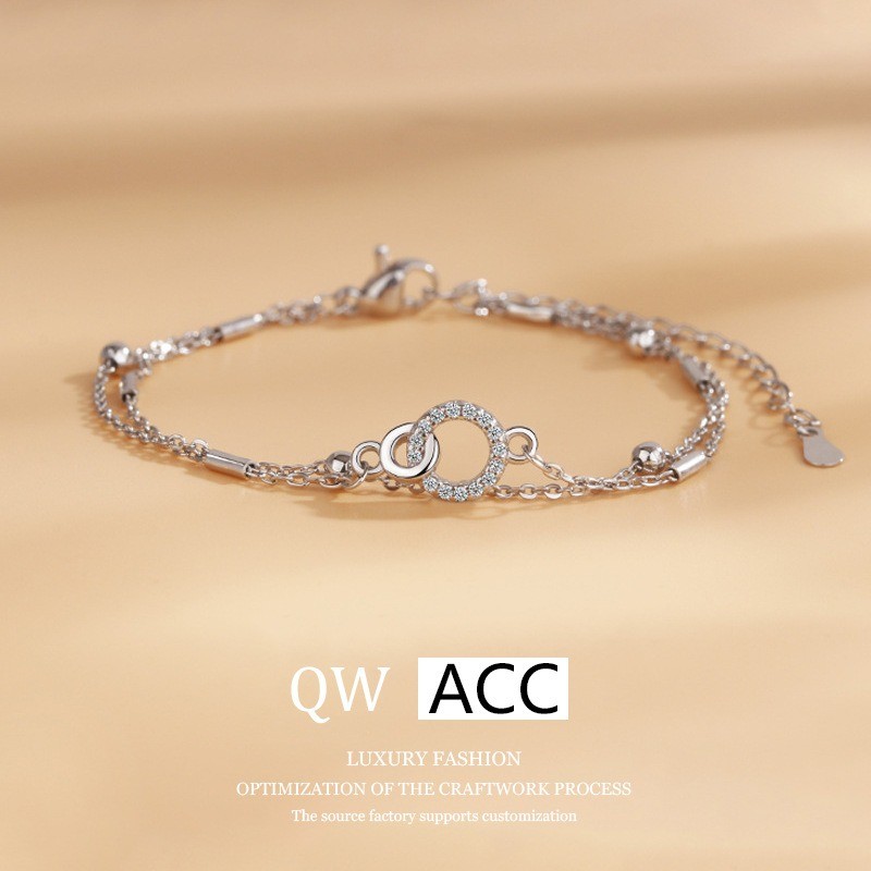 Minimalist Double Layer Interlocking Zircon สร้อยข้อมือปรับผู้หญิงเงินเพชรสร้อยข้อมืออุปกรณ์เสริมเครื่องประดับ