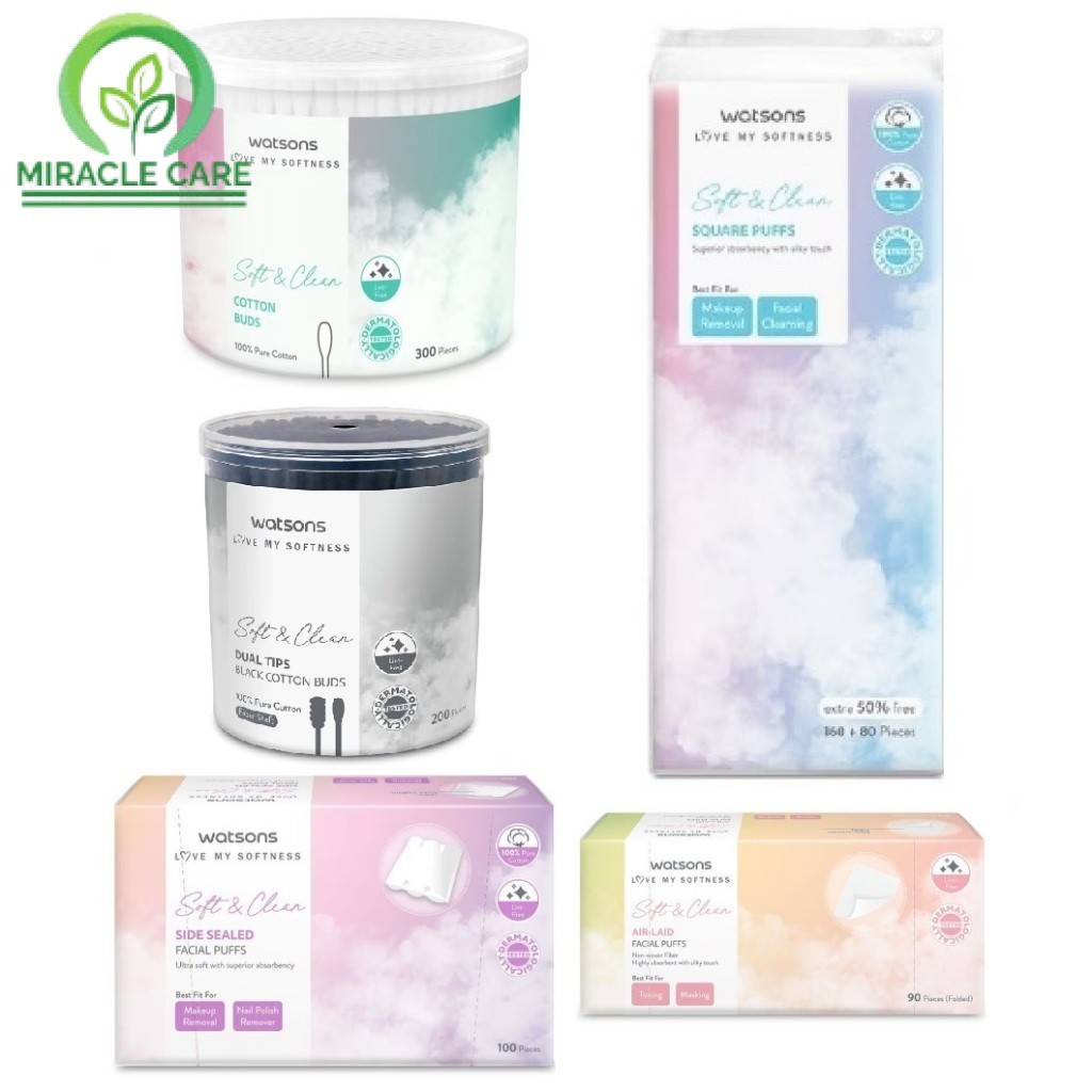 Watsons Soft & Clean Square Puffs Face Cotton 240 ชิ้น / Cotton Buds 300s / Black Cotton Buds 200s