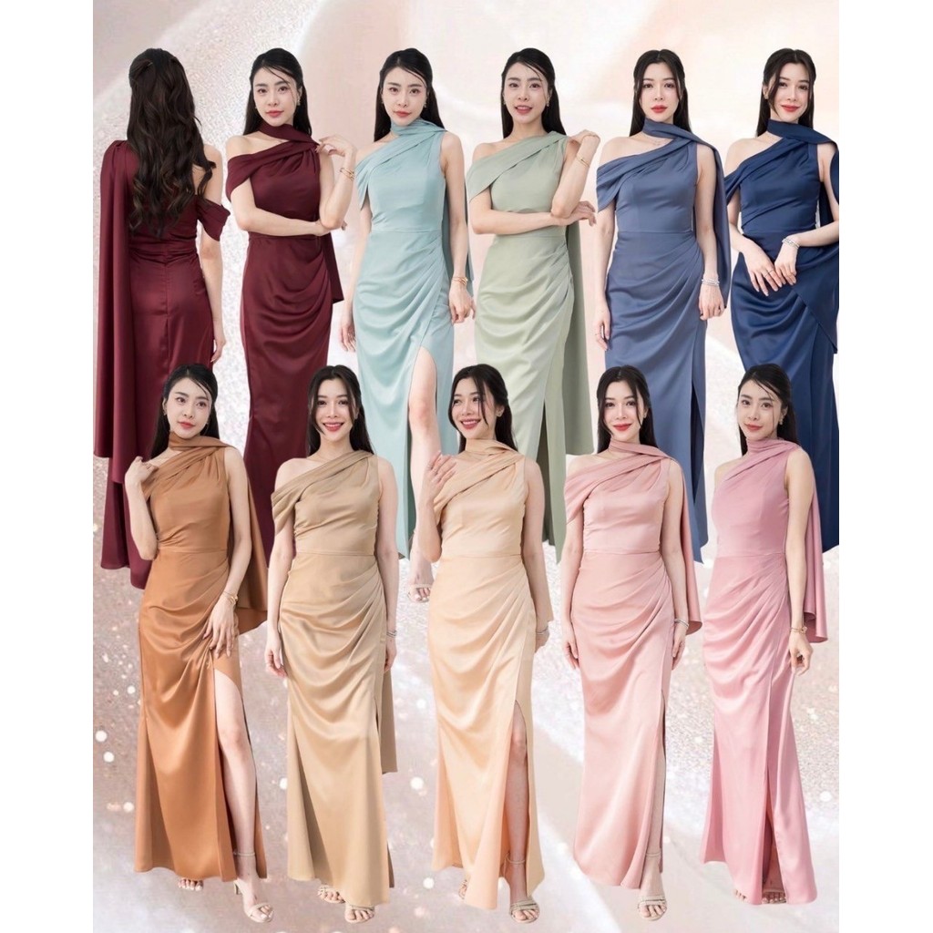 เดรสยาว ชุดไปงานแต่ง เดรส ชุดราตรี A298 ไหล่เบี่ยง สไบ อ้อมแขน ผ้าเครปซาติน เสื้อผ้า ผู้หญิง Dress