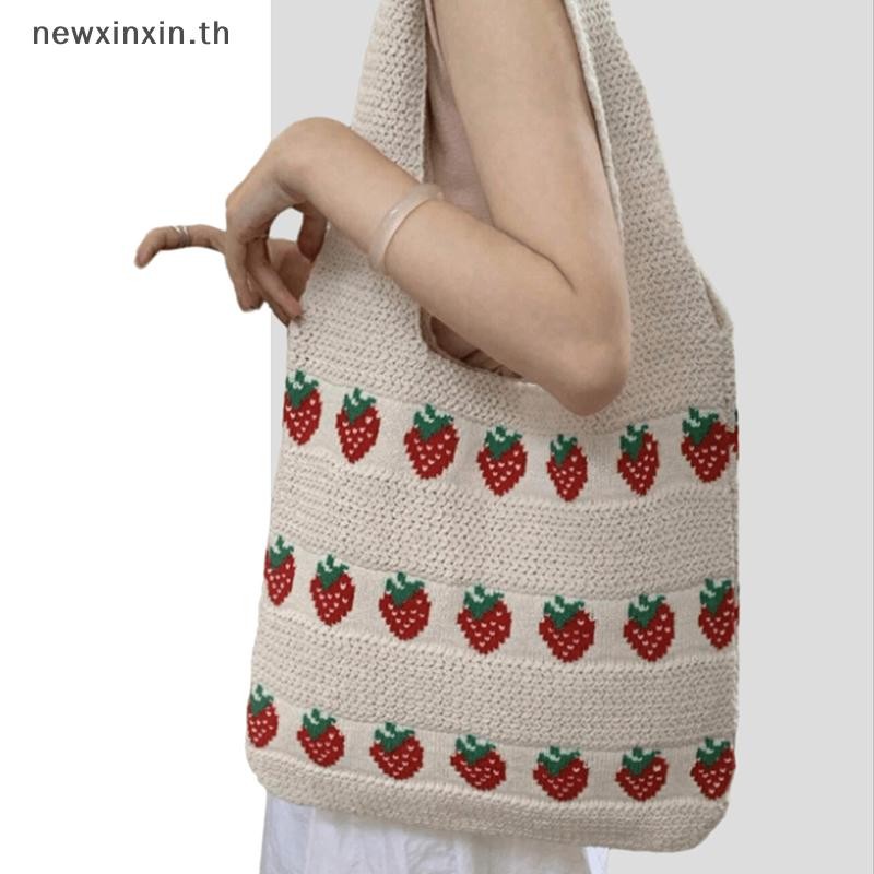 ^N^ ลําลองหวานสตรอเบอร์รี่พิมพ์ถักไหล่ความจุขนาดใหญ่กระเป๋าถือ สิริ กระเป๋าแฟชั่นช้อปปิ้งกระเป๋าถือผู้หญิงของขวัญ {ที} - รูปที่ 2