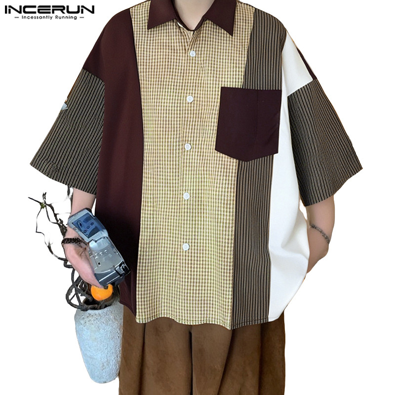 INCERUN เสื้อเชิ้ตแขนสั้นผู้ชายลายทาง American Retro Splicing Contrast