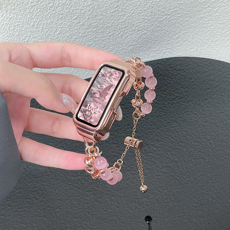 โลหะหรูหราลูกปัดผู้หญิงสายโซ่สําหรับ Samsung Galaxy Fit 3 สมาร์ทนาฬิกาสร้อยข้อมือมุกสําหรับ Samsung Fit3 สายรัดข้อมืออุปกรณ์เสริม