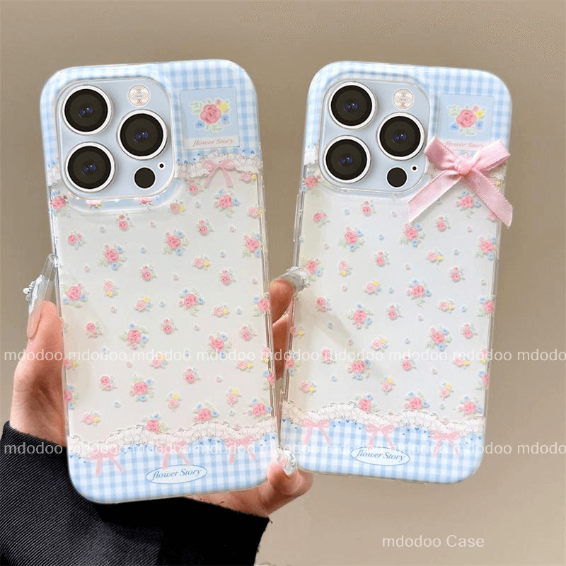 เคส  for Samsung Galaxy A16 A06 A56 A36 A26 A55 A35 A25 5G M55 A54 A34 A22 LTE A24 A15 A14 4G A73 A53 A33 A42 A23 A13 M22 M32 Ins Fresh Summer Blue Grid Floral Lace Girly Pink Ribbon bow Phone Case Cute Cat paw heart pendant Short Strap Back Cover TM 52