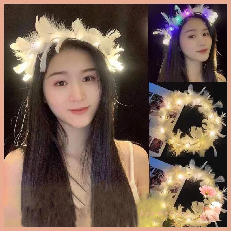 Boom Feather Tiara LED Feather Crown Light Up Angel Halo Headband Luminous Headdress