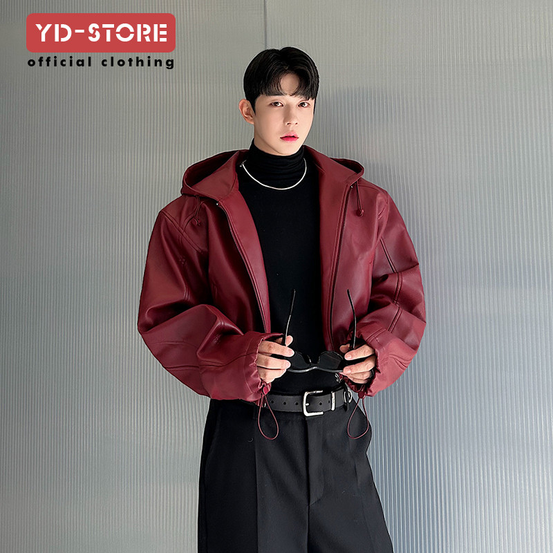ฤดูใบไม้ร่วงฤดูหนาว IG Street Wear สไตล์อเมริกัน Hem Hooded รุ่นกว้างหลวมเสื้อแจ็คเก็ตหนังรถจักรยานยนต์ผู้ชายเสื้อแจ็คเก็ตสั้น