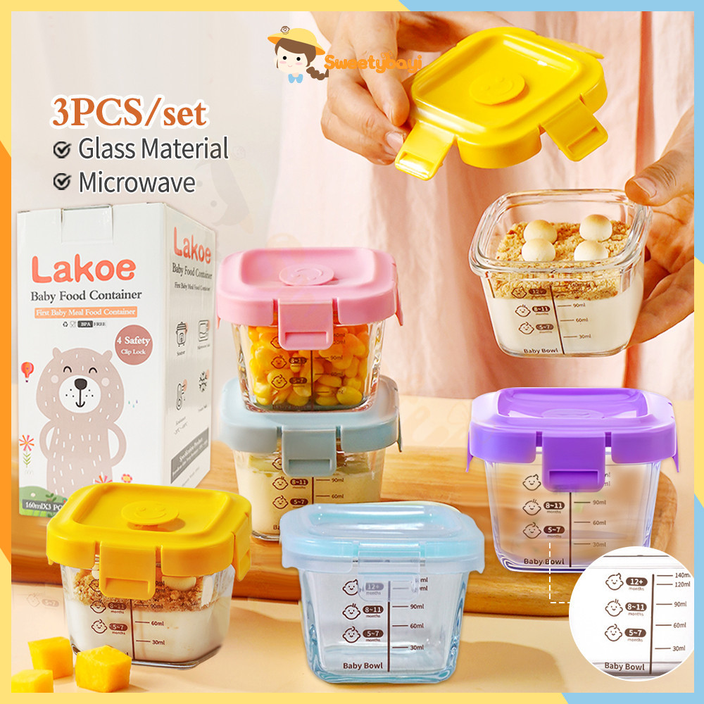 SWEETYBAYI กล่องข้าว กล่องแก้วเก็บอาหารทรงกลมสำหรับเด็ก แก้ว กล่อง เซต 3 ชิ้น Baby Food Container ความจุ 160 ml
