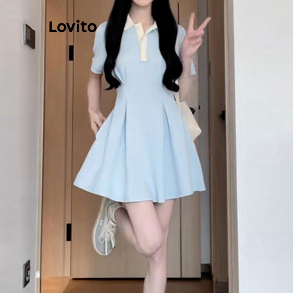 Lovito เดรสผู้หญิง คัลเลอร์บล็อค สีพื้น สไตล์ลำลอง LNM71061