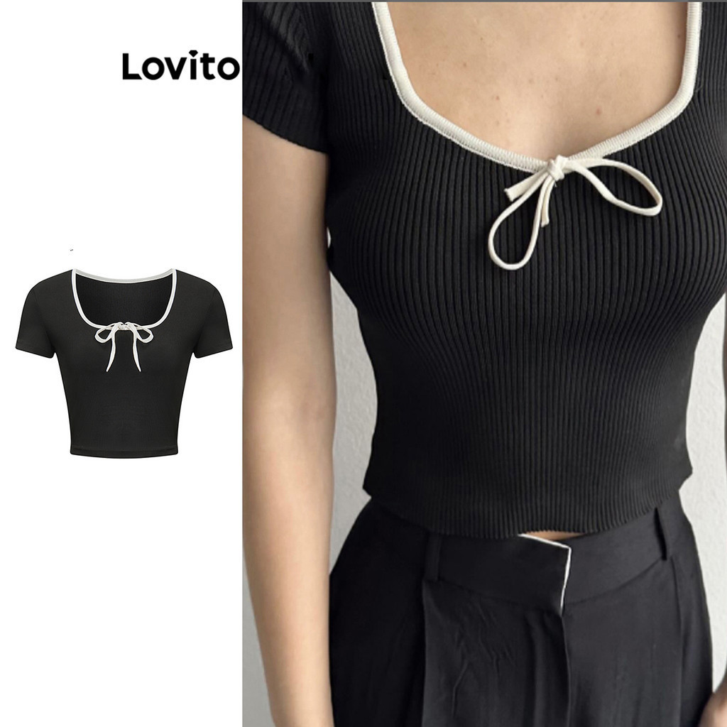 Lovito เสื้อกล้ามลำลองสีบล็อกธรรมดาโบว์ด้านหน้าสำหรับผู้หญิง L95ED006