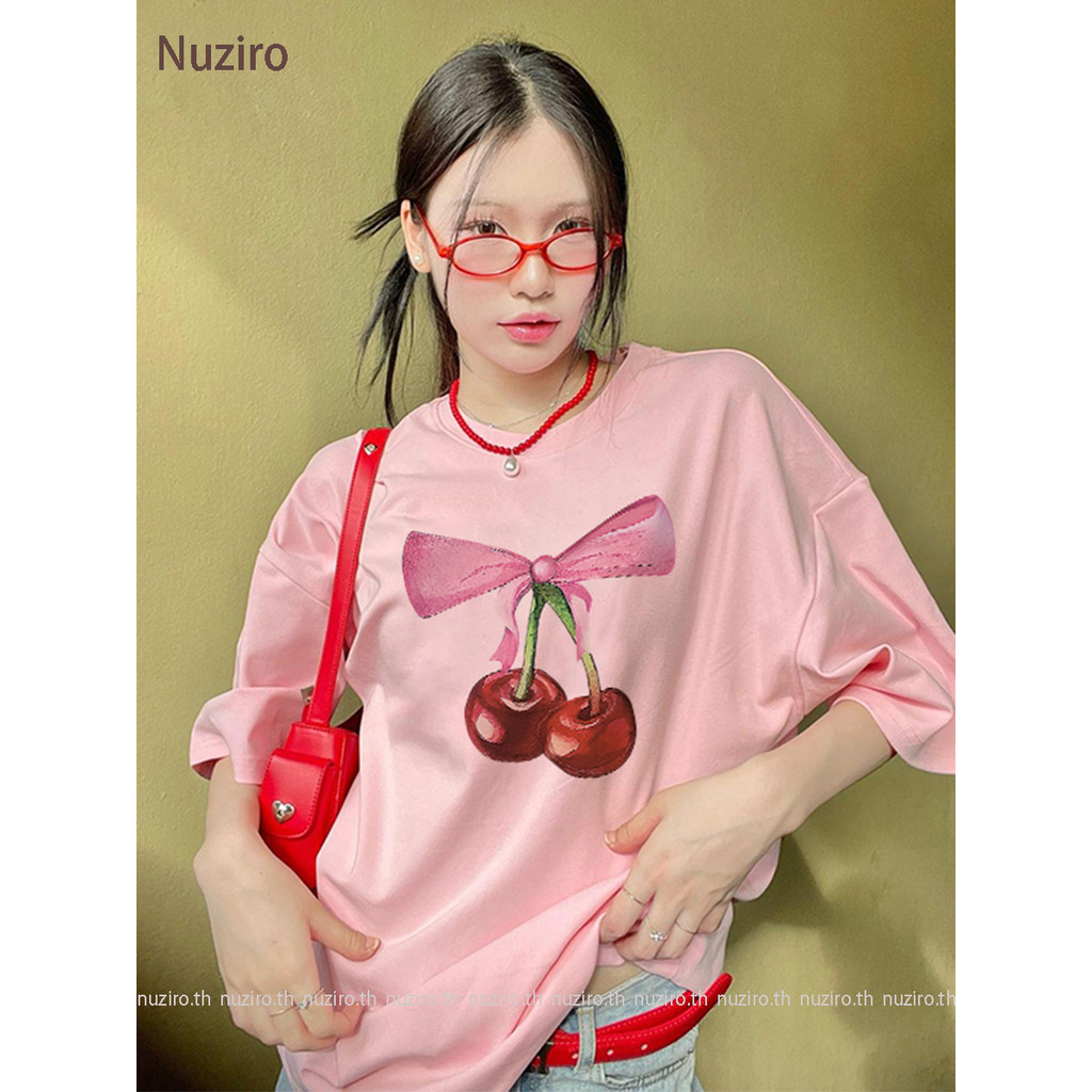Nuziro เสื้อยืด oversize - เสื้อยืดแขนสั้นพิมพ์เชอร์รี่แฟชั่นหวาน #I000984