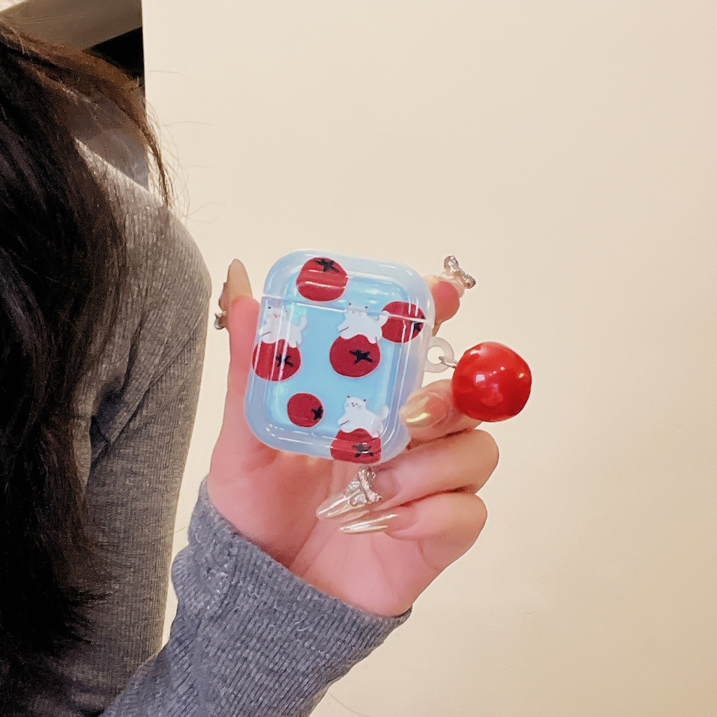 มะเขือเทศแมวการ์ตูนสแควร์กรณีเข้ากันได้สําหรับ แอร์พอด AIRPODS 4 PRO1/2/3 PRO2 ไร้สายบลูทูธหูฟังกันกระแทกปกนุ่ม ทีพียู ใสป้องกันปลอกกับจี้ - รูปที่ 4