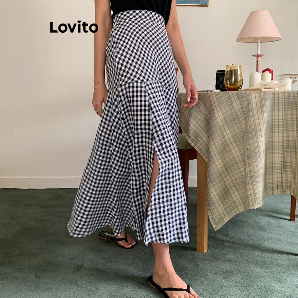 Lovito กระโปรงผู้หญิง ลายสก๊อต แต่งผ่าหน้า สไตล์ลำลอง LNE70046