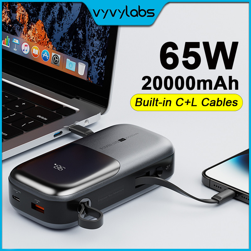 Vyvylabs ใหม่ 65W Power Bank 20000mAh จอแสดงผลดิจิตอล C + L Fast สายชาร์จแบตเตอรี่ภายนอกสําหรับ Macbook DELL XIAOMI iPhone 15 16 Pro Max