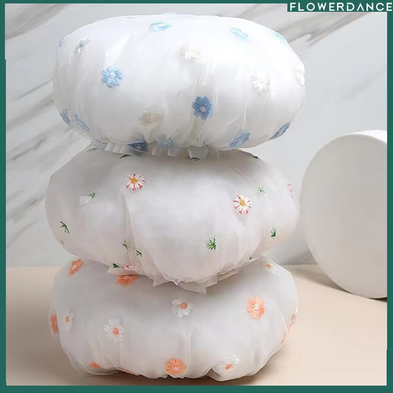 หมวกอาบน้ำหนา 2 ชั้น กันน้ำ ลายดอกเดซี่น่ารัก เหมาะสำหรับผู้ใหญ่ เด็ก ผ้าคลุมผมกันน้ำมันในครัว ดอกไม้