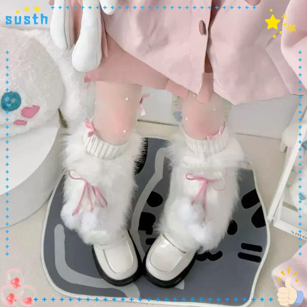 Susth เครื่องอุ่นขา, Lace Up Balls Faux Furry ลูกวัว, Sweet Cool Y2K Lady ถุงเท้ายาว